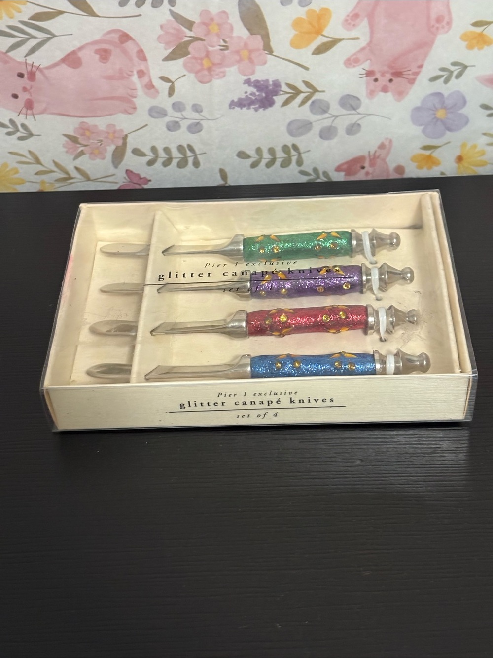 Pier 1 Imports glitter jeweled Canape knives spreads Set of 4 Nickel plated. NOS